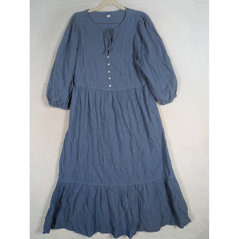 Old Navy Midi Dress Women's Small Blue Embroidered Tassel Tie Ruffle Hem Boho